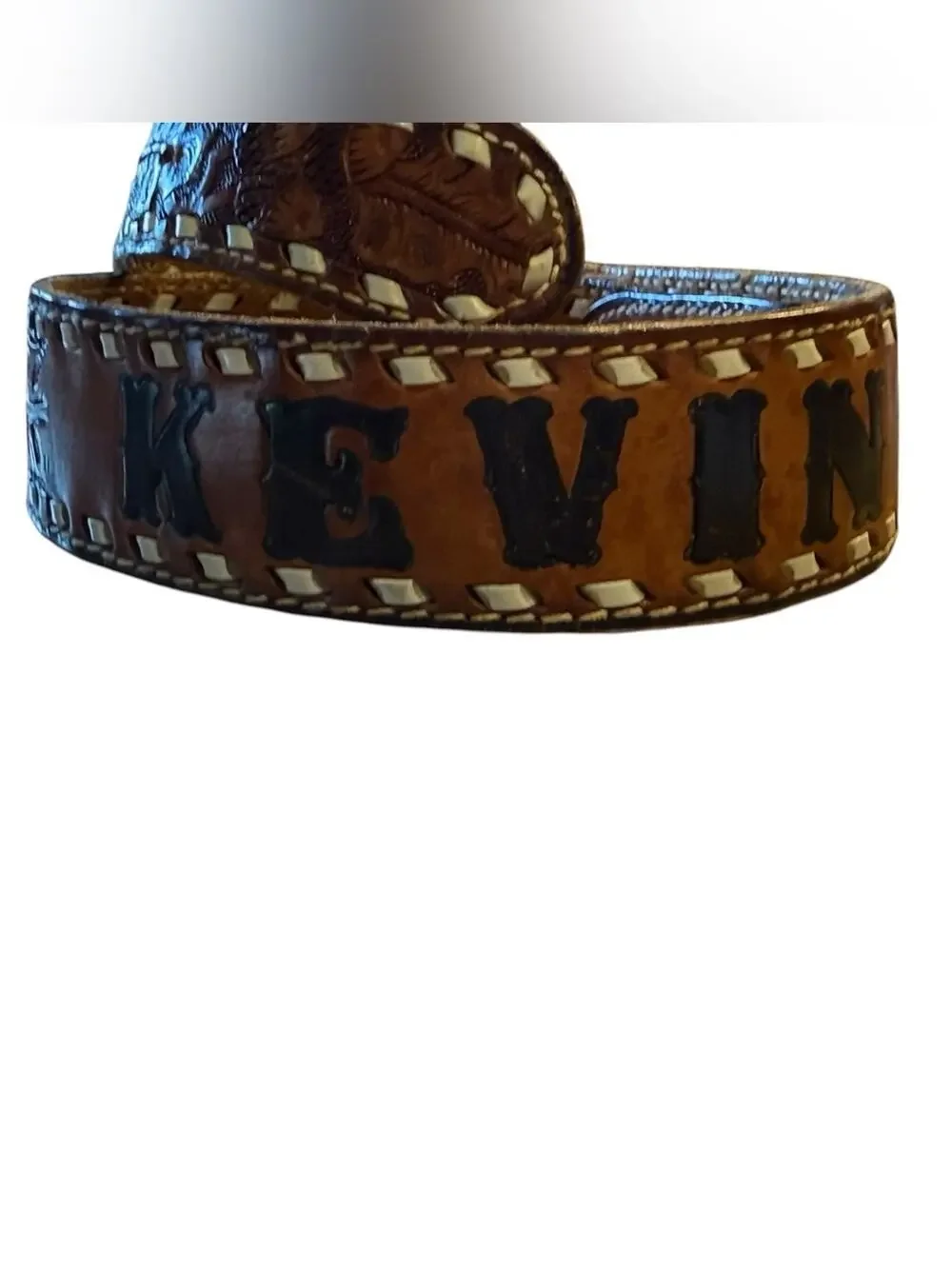 Vintage Hand-Tooled Brown Leather Belt with Kevin Size 30 (Belt Only no Buckle)